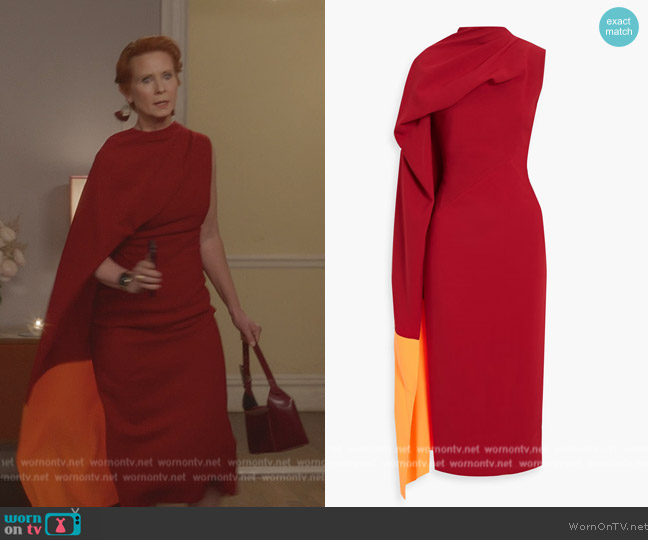 Roksanda Draped two-tone crepe midi dress worn by Miranda Hobbs (Cynthia Nixon) on And Just Like That