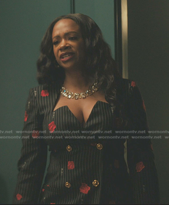 Roselyn’s black rose print pinstripe blazer on The Chi