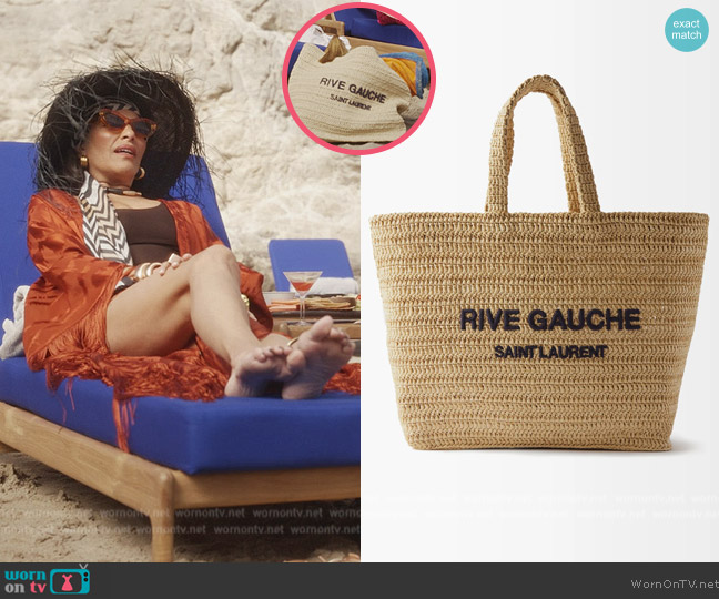 Saint Laurent Rive Gauche logo-embroidered raffia tote bag worn by Seema Patel (Sarita Choudhury) on And Just Like That