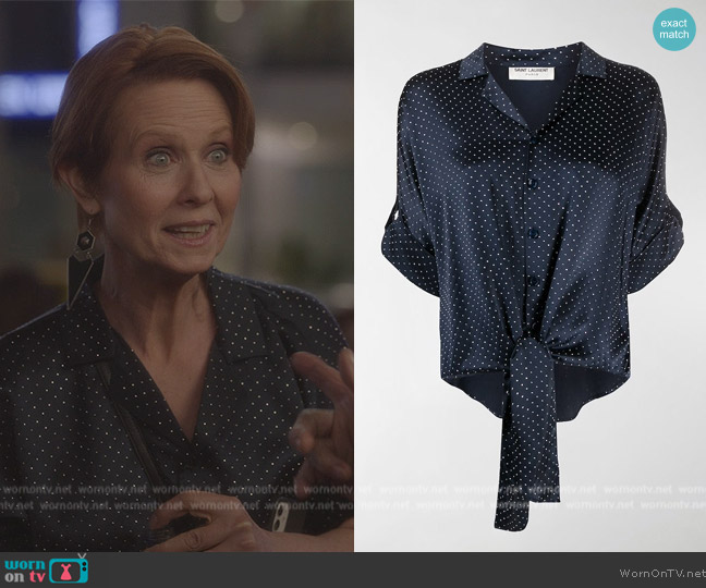 Saint Laurent Tie front studded silk shirt worn by Miranda Hobbs (Cynthia Nixon) on And Just Like That