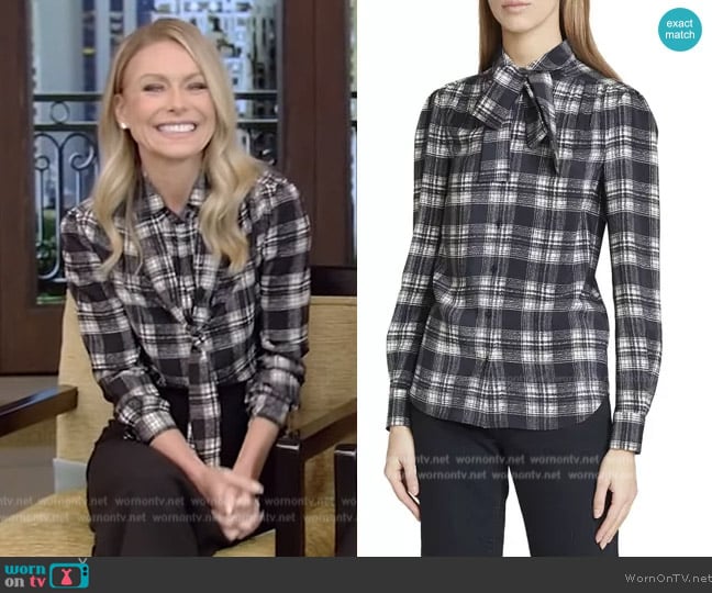 Saint Laurent Plaid Neck-Tie Silk Blouse worn by Kelly Ripa on Live with Kelly and Mark