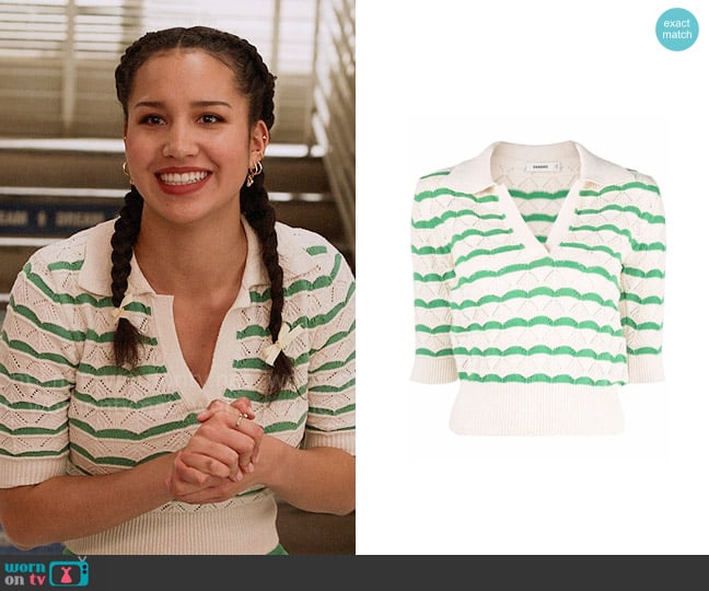Sandro Lilio Fancy Stitch Knit Polo Sweater worn by Gina (Sofia Wylie) on High School Musical The Musical The Series