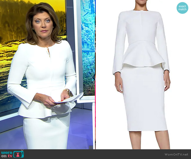 Scanlan Theodore Crepe Knit Ruffle Jacket in White worn by Norah O'Donnell on CBS Evening News