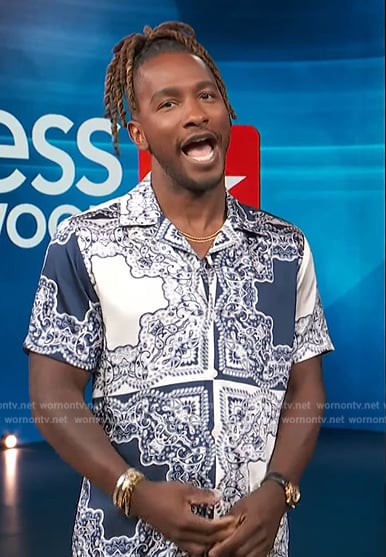 Scott’s blue bandana print shirt on Access Hollywood