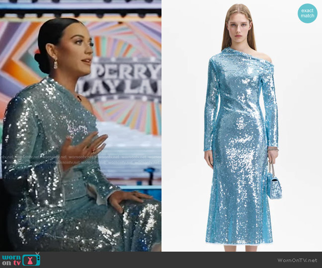 Self Portrait Sequin Asymmetric Midi Dress in blue worn by Katy Perry on Good Morning America