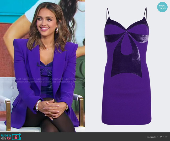 Sergio Hudson Mini Dress with Velvet Detail in Deep Purple worn by Jessica Alba on Good Morning America