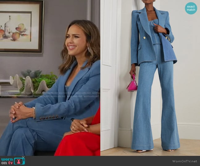 Sergio Hudson Strapless Paneled Denim Bustier Top worn by Jessica Alba on Good Morning America