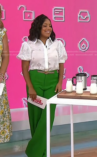 Sheinelle’s white puff sleeve blouse and green pants on Today