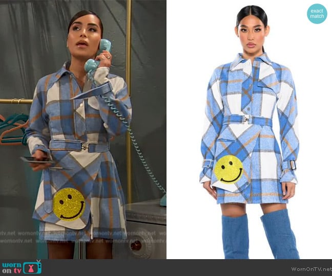Shop Akira Smiley Embellished Patch Flannel Trench Mini Dress worn by (Juliana Joel) on Ravens Home