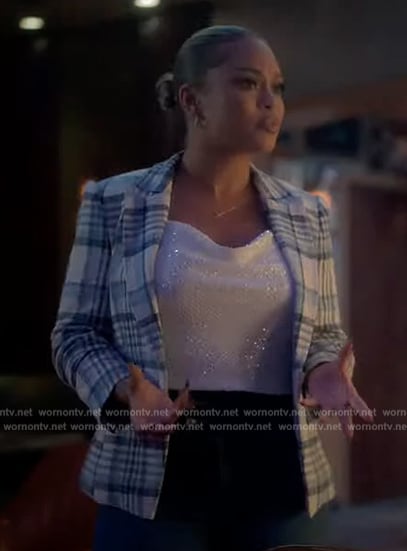 Sloane’s blue plaid blazer on Grown-ish