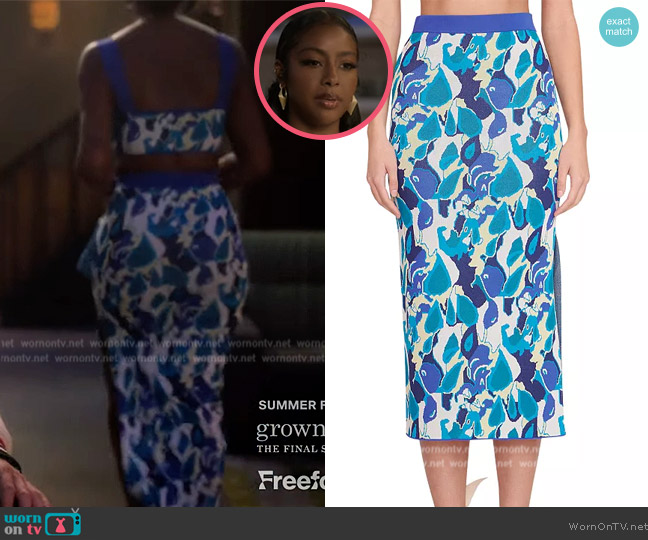 Staud Giovanni Printed Midi Skirt worn by Annika (Justine Skye) on Grown-ish