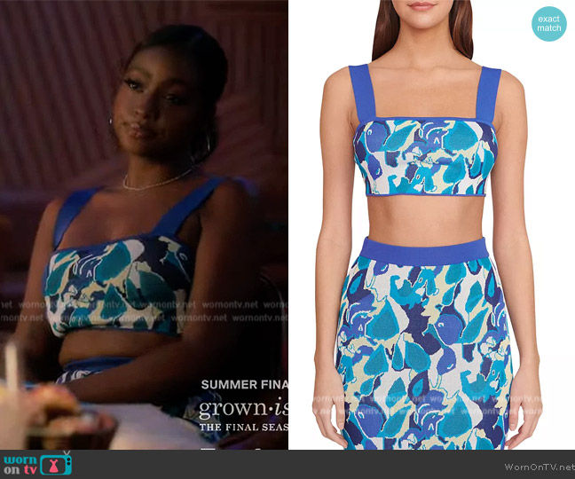 Staud Zola Shoulder-Strap Floral Crop Top worn by Annika (Justine Skye) on Grown-ish