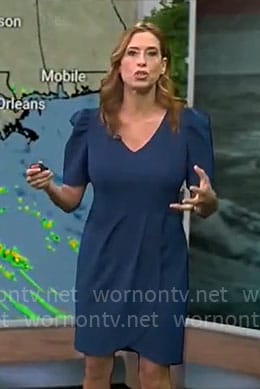 Stephanie Abrams’ teal puff sleeve dress on CBS Mornings