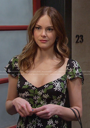 Stephanie’s black floral print dress on Days of our Lives