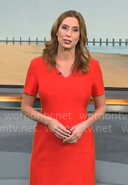 Stephanie Abrams’ red v-neck short sleeve sheath dress on CBS Mornings