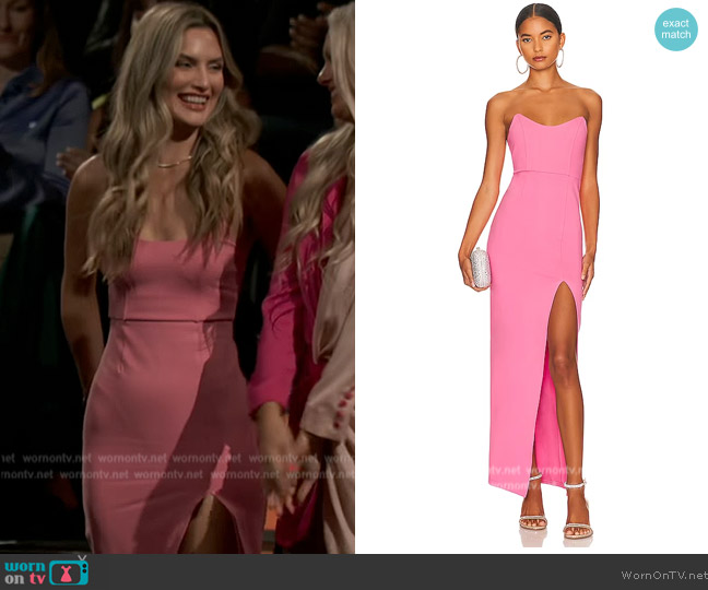 Superdown Ryleigh Strapless Maxi Dress worn by Katherine Izzo on The Bachelorette