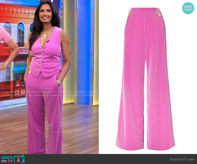 Temperley London Clove Velvet Waisted Trousers in Carnation worn by Padma Lakshmi on Good Morning America