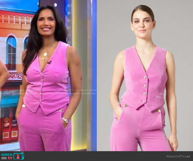 Temperley London Clove Velvet Waistcoat in Carnation worn by Padma Lakshmi on Good Morning America