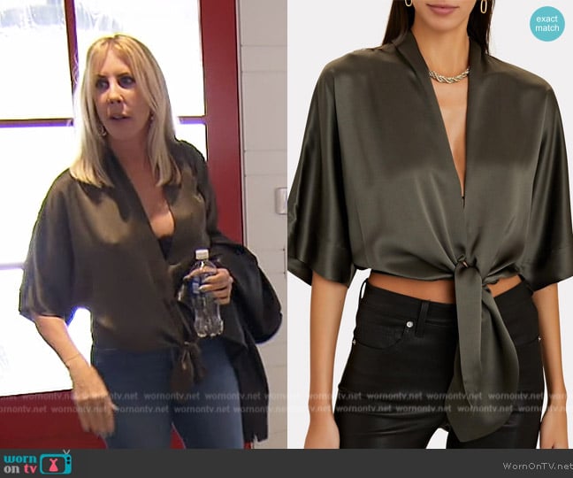The Sei Tie-Front Silk Satin Blouse worn by Vicki Gunvalson on The Real Housewives of Orange County