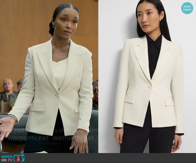 Theory Angled Blazer in Admiral Crepe in Rice worn by Andrea Freemann (Yaya DaCosta) on The Lincoln Lawyer