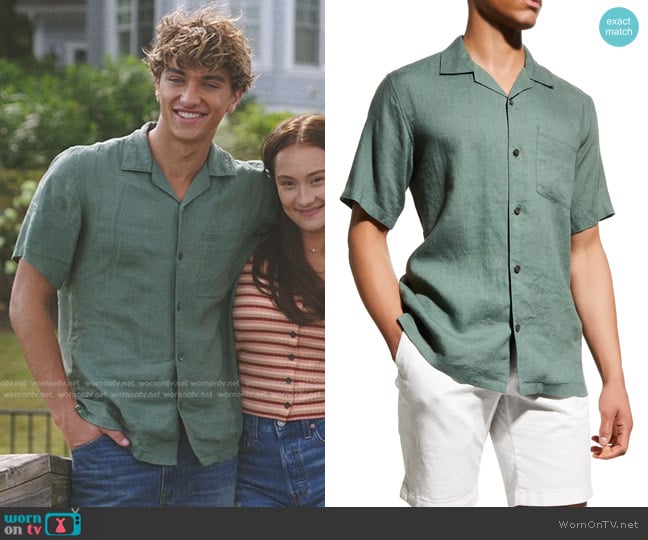 Theory Noll Linen Camp Shirt in Balsam Green worn by Jeremiah Fisher (Gavin Casalegno) on The Summer I Turned Pretty