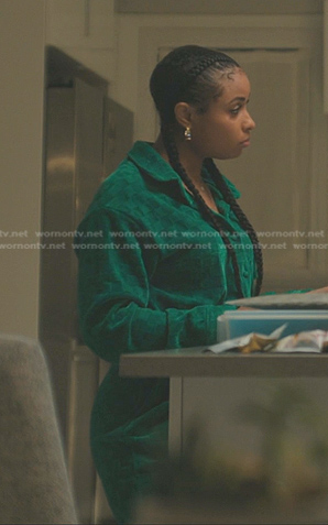 Tiffany’s green checkered shirt and pants on The Chi