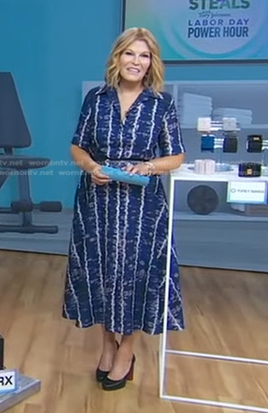 Tory’s blue tie dye stripe dress on Good Morning America