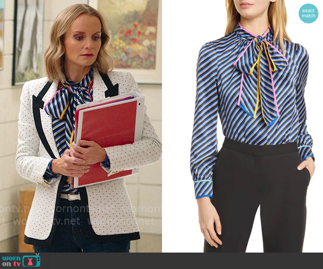 Tory Burch Bias Stripe Contrast Binding Silk Bow Blouse worn by Miss Jenn (Kate Reinders) on High School Musical The Musical The Series