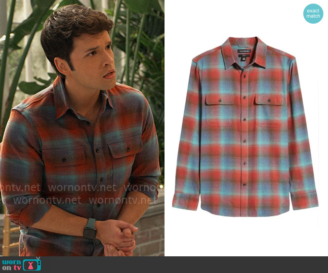Treasure & Bond Grindle Shirt in Rust Multi Clay Twill Plaid worn by Freddie Benson (Nathan Kress) on iCarly