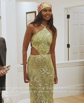 Ubah’s green embellished top and skirt on The Talk