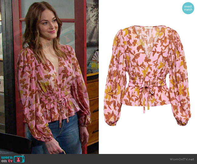 Ulla Johnson Huali Floral Silk Peplum Blouse in Pink worn by Stephanie Johnson (Abigail Klein) on Days of our Lives