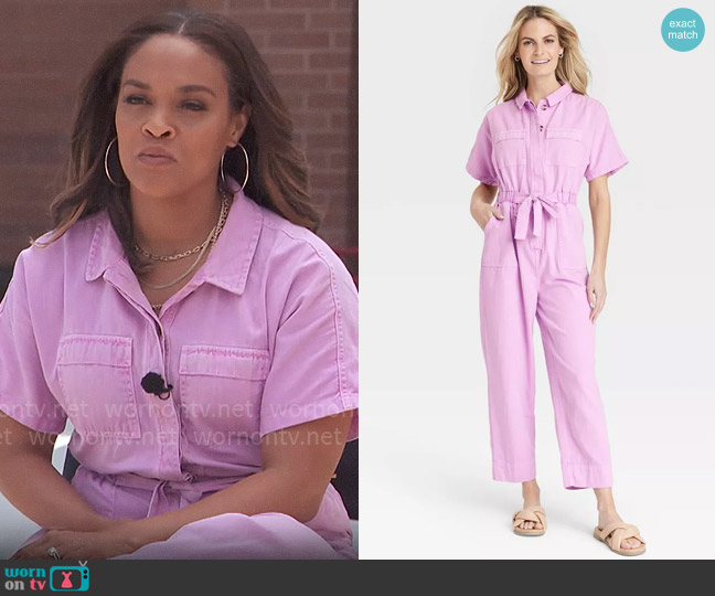 Universal Thread Short Sleeve Button-Front Boilersuit in Pink worn by Danya Bacchus on CBS Mornings