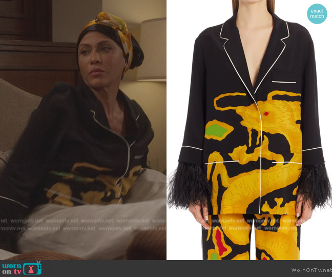 Valentino Garavani Dragon Print Feather Trim Silk Button-Up Shirt worn by Lisa Todd Wexley (Nicole Ari Parker) on And Just Like That