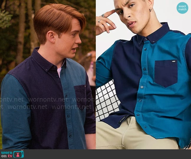 Vans Colourblock shirt in navy/blue coral worn by Nick Nelson (Kit Connor) on Heartstopper
