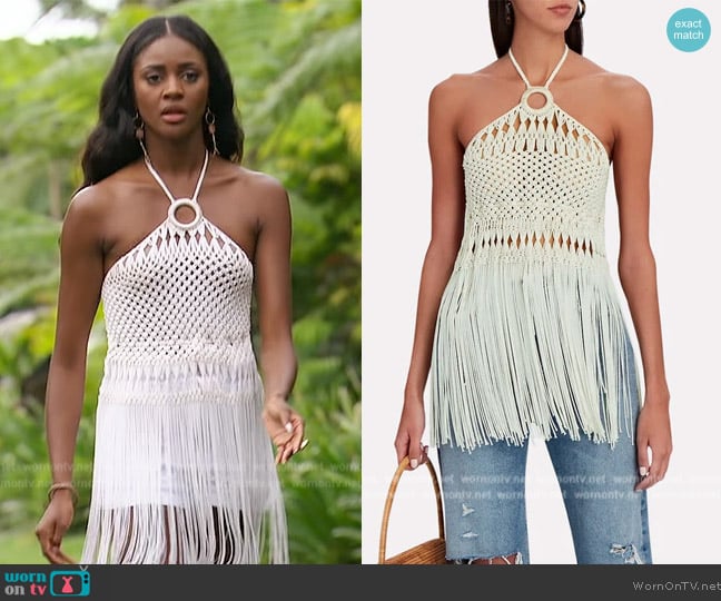 Verandah Knotted Macramé Cotton Halter Top worn by Charity Lawson on The Bachelorette