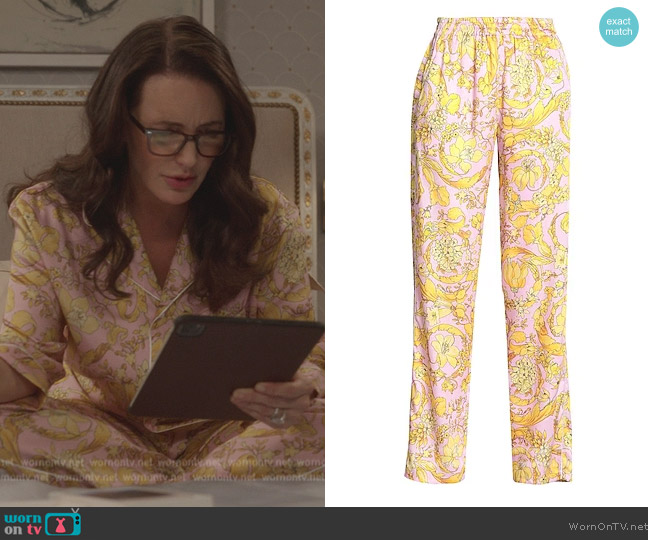 Versace Pink Floral Print Pajama Pants worn by Charlotte York (Kristin Davis) on And Just Like That