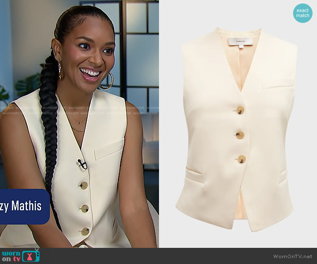 Vince Cutaway Crepe Vest in Birch worn by Lizzy Mathis on E! News