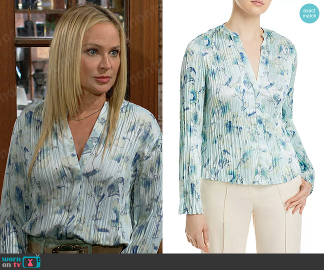 Vince Flora Crushed Blouse in Pale Lagoon worn by Sharon Newman (Sharon Case) on The Young and the Restless