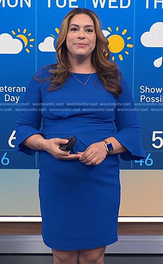 Violeta Yas’s blue bell sleeve sheath dress on NBC News Daily