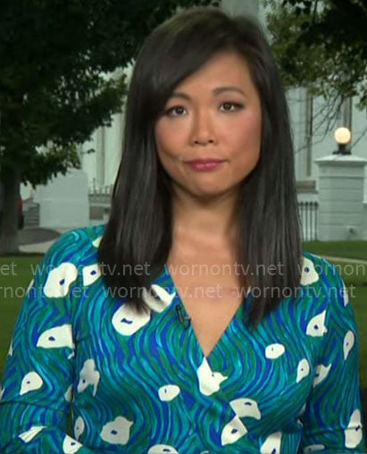 Weijia Jiang’s teal printed wrap dress on CBS Mornings