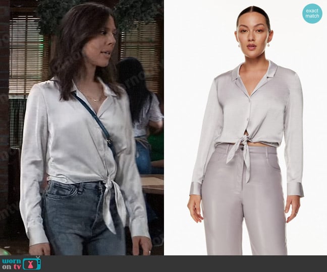 Wilfred Tie Front Blouse in Morado Grey worn by Kristina Corinthos-Davis (Kate Mansi) on General Hospital