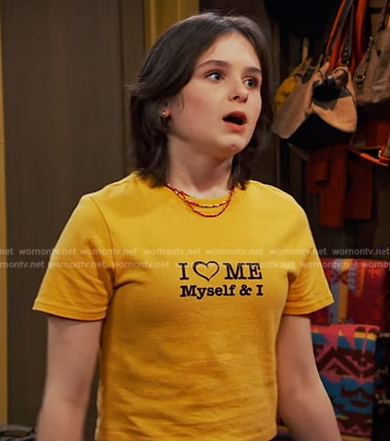 Winnie’s yellow I love me print tee on Bunkd