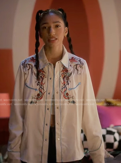 Zaara’s white embroidered western shirt on Grown-ish