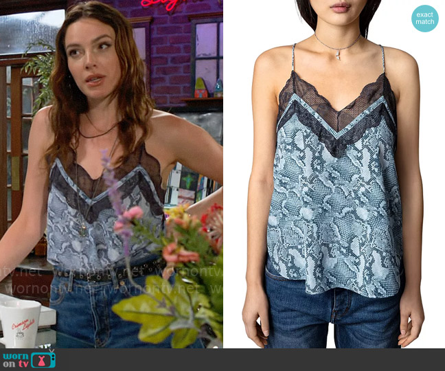 Zadig & Voltaire Christy Snake Print Silk Cami worn by Tessa Porter (Cait Fairbanks) on The Young and the Restless