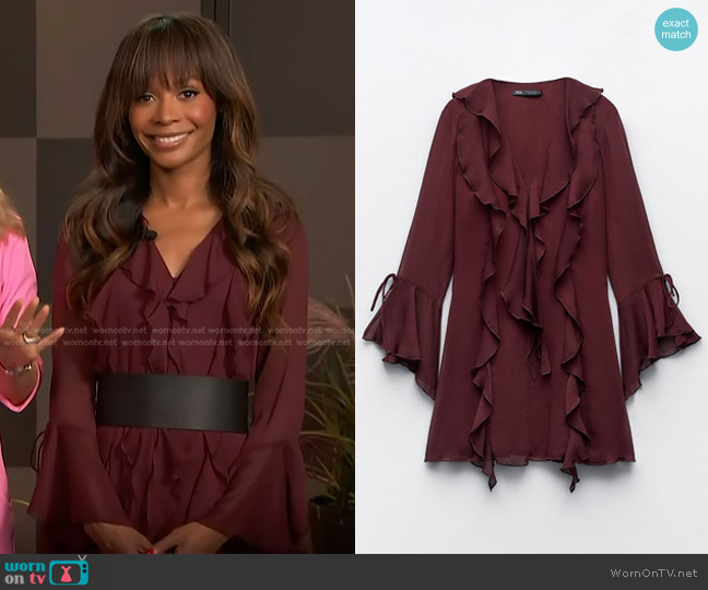 Zara Ruffled Mini Dress in Eggplant worn by Zuri Hall on Access Hollywood