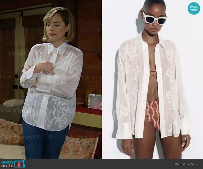 Zara Embroidered Semi Sheer Blouse worn by Hope Logan (Annika Noelle) on The Bold and the Beautiful