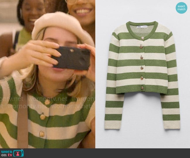 Zara Gold Button Striped Knit Cardigan worn by Imogen Heaney (Rhea Norwood) on Heartstopper