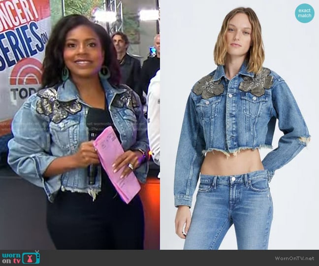 7 For All Mankind Embellished Cropped Denim Trucker Jacket worn by Sheinelle Jones on Today
