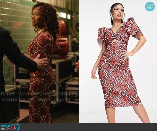 ASOS Design Puff Sleeve Twist Front Midi Dress in Geo Print worn by Christina Hunter (Nicole Beharie) on The Morning Show