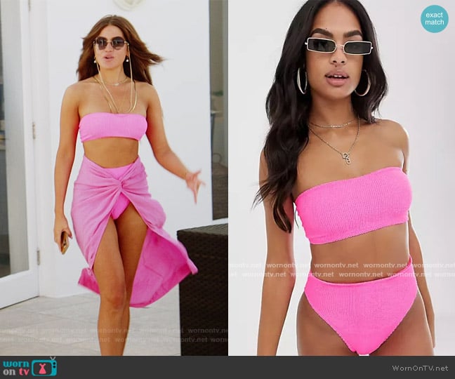ASOS Charlotte pink mix and match crinkle bandeau bikini top worn by Brynn Whitfield on The Real Housewives of New York City